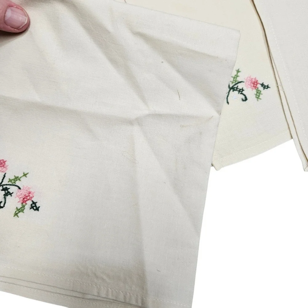 Vintage Set of 10 Ivory‎ Cloth Napkins Pink Floral Cross Stitch Embroidery 15x15
